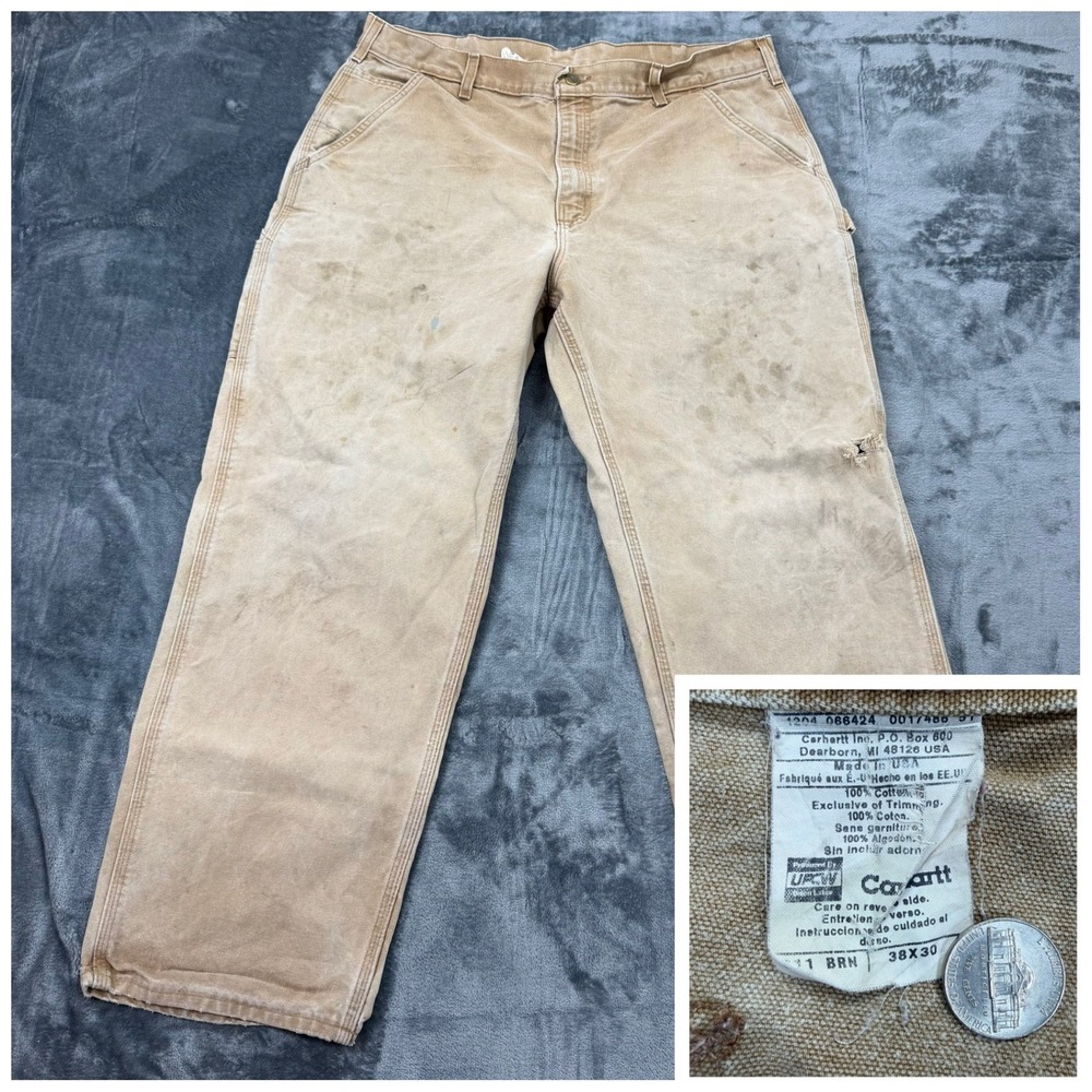 Vintage Carhartt Made in USA Brown Duck Canvas Carpenter Pants 38x30 Distressed
